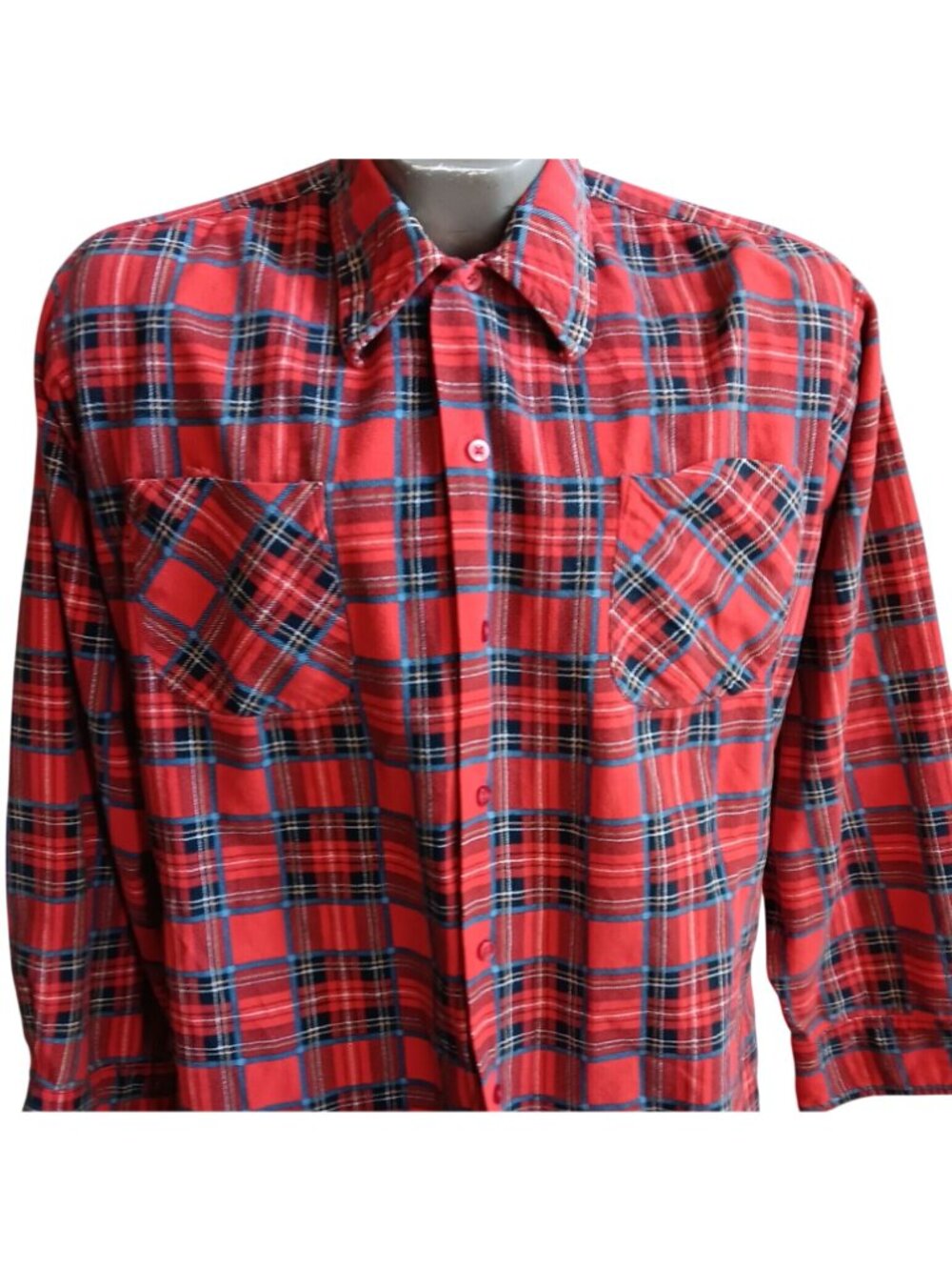 True Vintage Men's Medium Flannel Shirt Compass Red Plaid Button-Up 80's Skater
